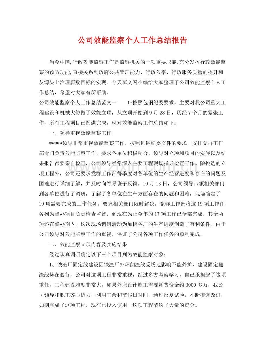 公司效能监察个人工作总结报告 .docx_第1页