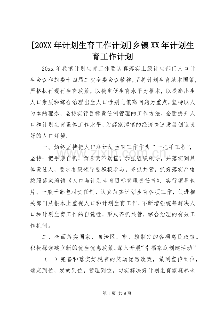 [20XX年计划生育工作计划]乡镇XX年计划生育工作计划.docx_第1页