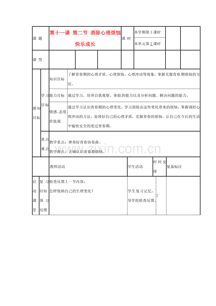 山东省邹平县实验中学七年级政治下册 第11课 第2节消除心理烦恼快乐成长教案 北师大版.doc_第1页