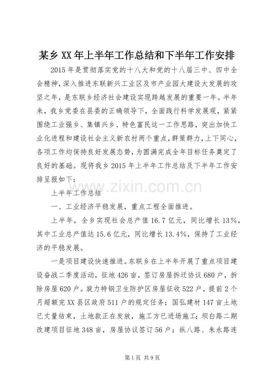 某乡XX年上半年工作总结和下半年工作安排 .docx_第1页