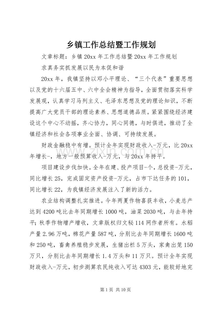 乡镇工作总结暨工作规划.docx_第1页