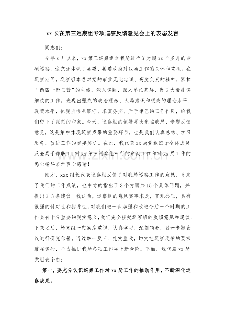 领导在第三巡察组专项巡察反馈意见会上的表态发言.doc_第1页