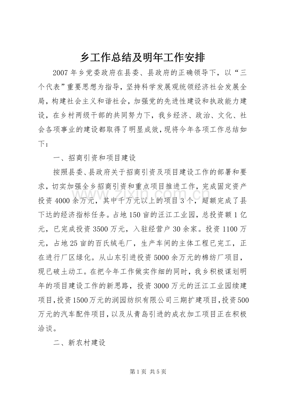 乡工作总结及明年工作安排 .docx_第1页