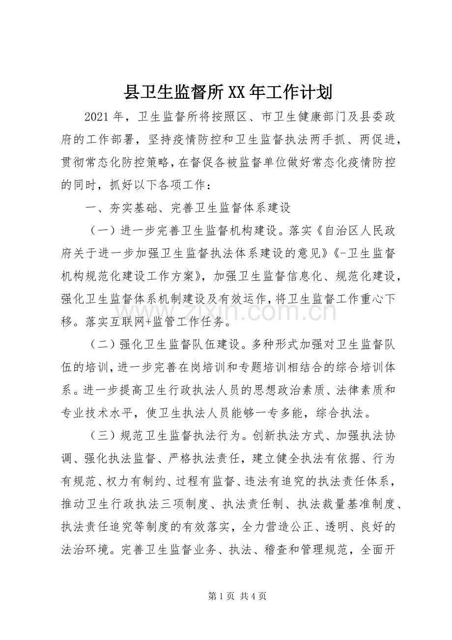 县卫生监督所XX年工作计划.docx_第1页