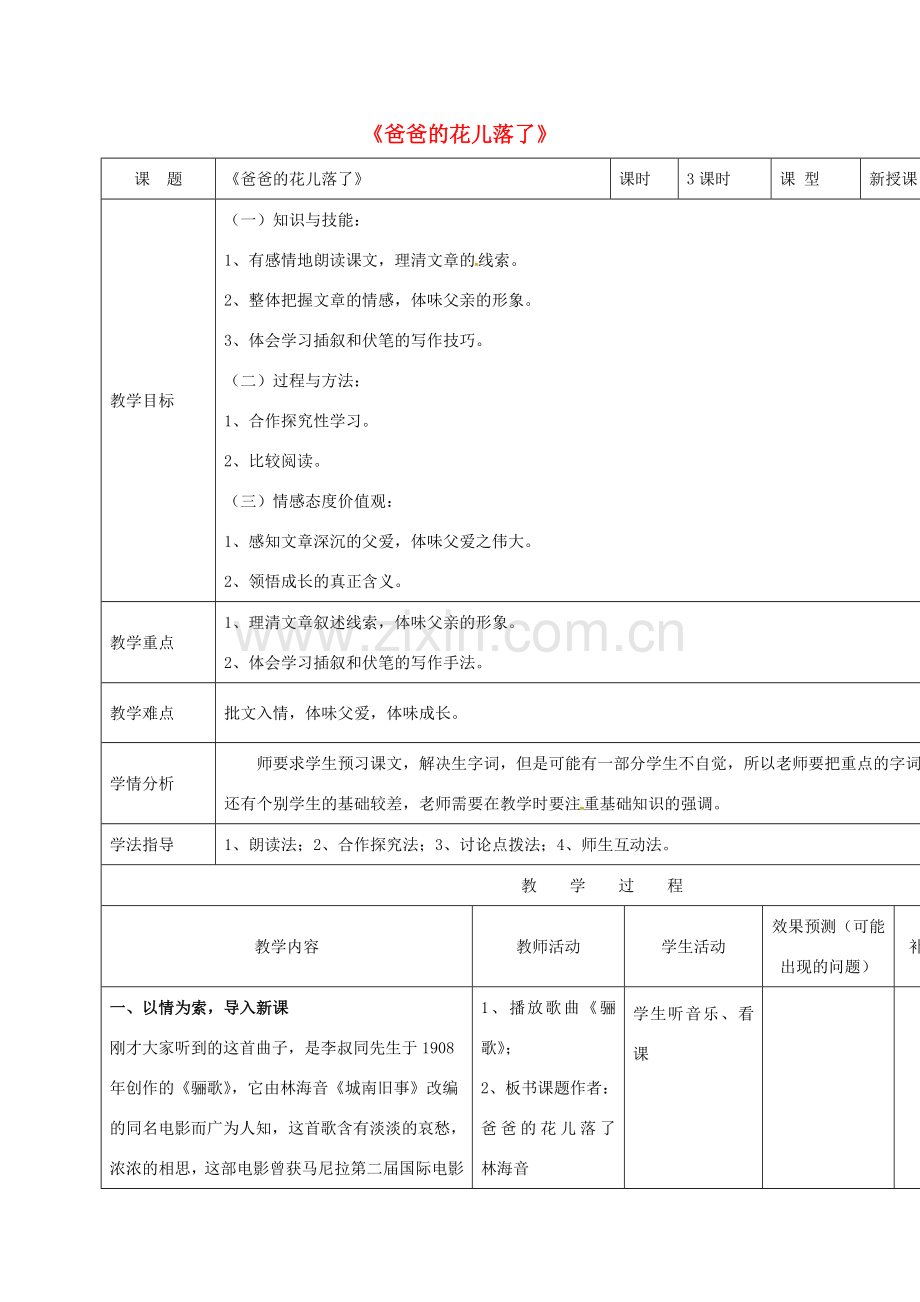 小学七年级语文下册 2《爸爸的花儿落了》教案 （新版）新人教版-（新版）新人教版初中七年级下册语文教案.doc_第1页