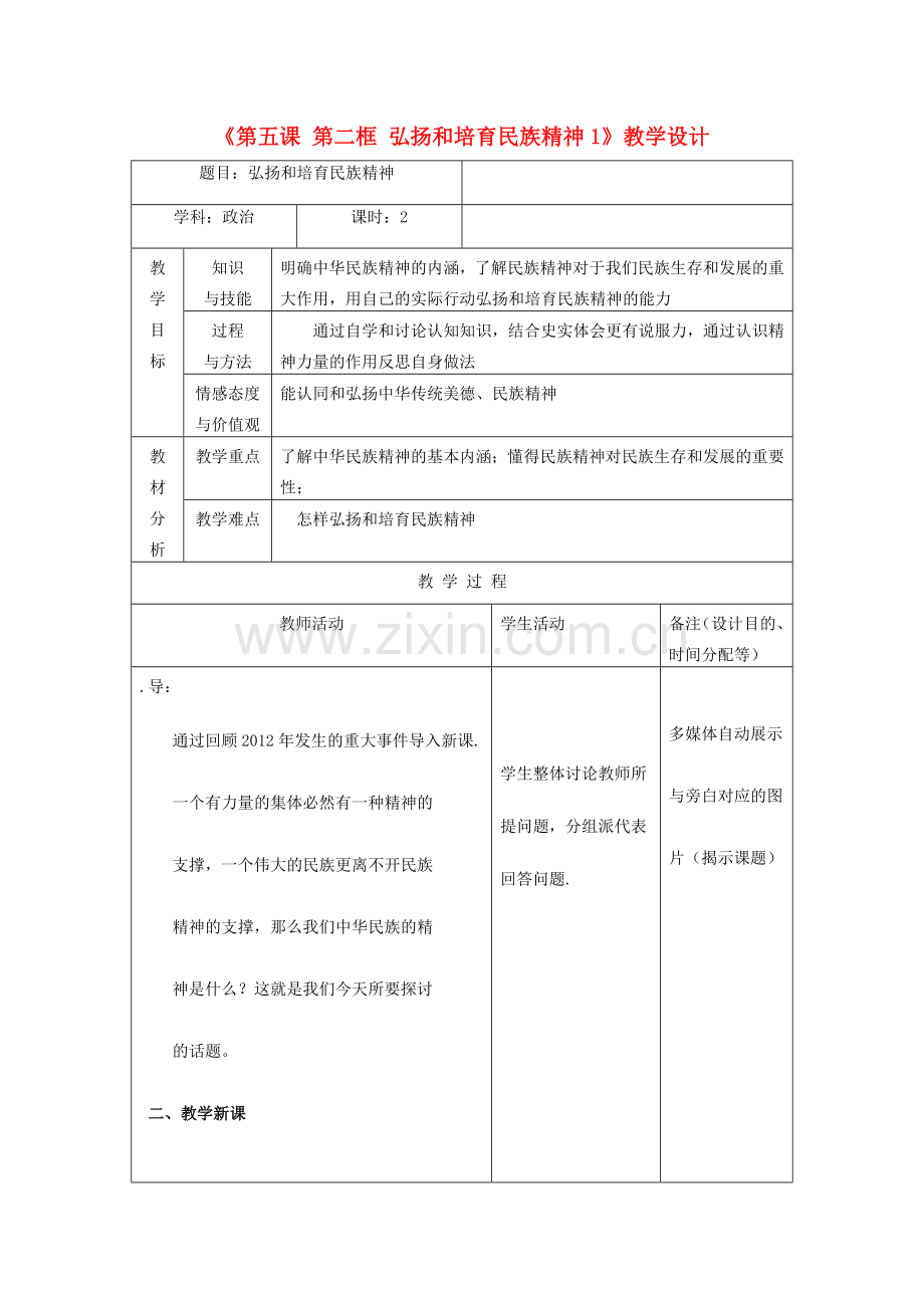 吉林省四平市第十七中学九年级政治全册《第五课 第二框 弘扬和培育民族精神1》教案 新人教版.doc_第1页