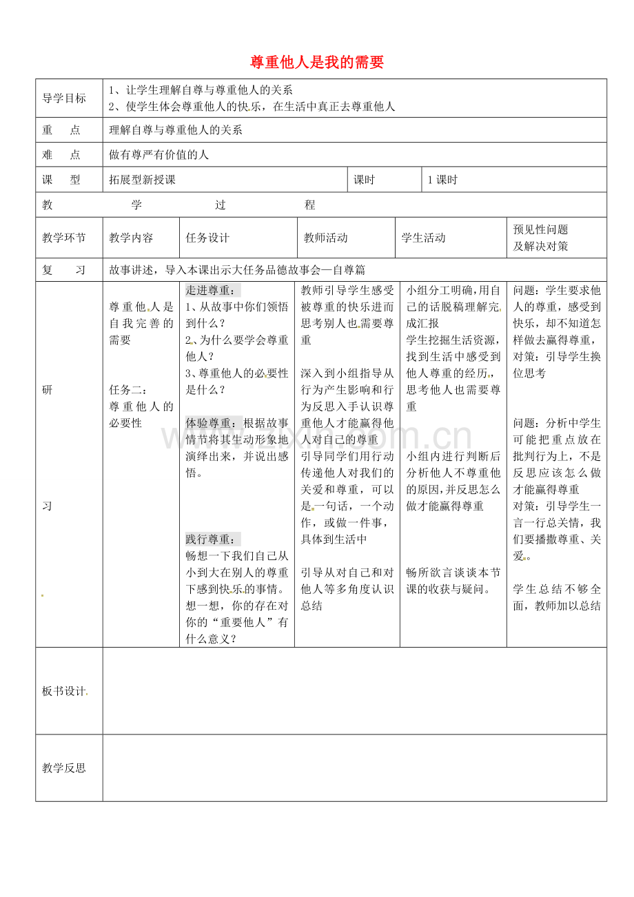 七年级政治下册 1.2 尊重他人是我的需要教案 新人教版-新人教版初中七年级下册政治教案.doc_第1页