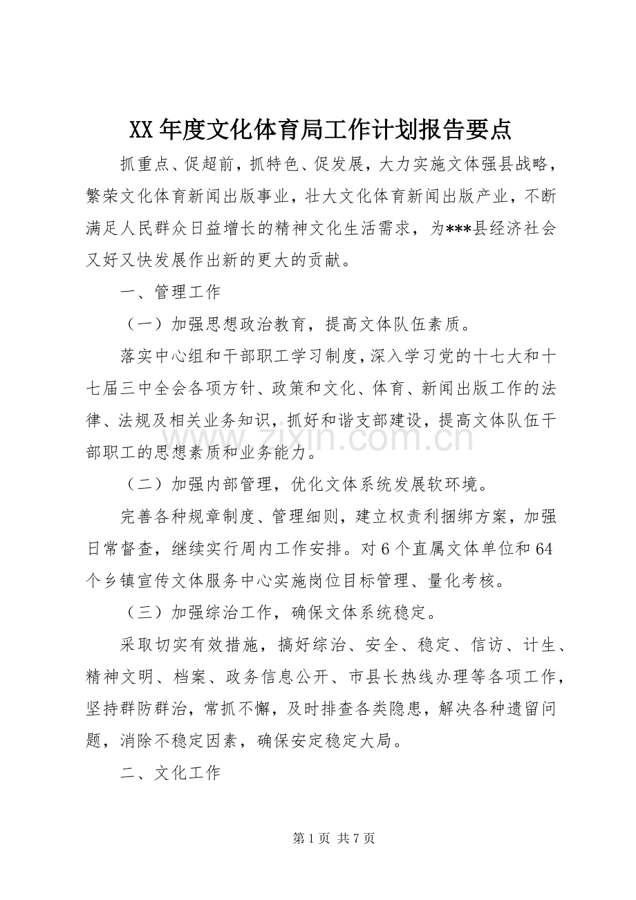 XX年度文化体育局工作计划报告要点.docx_第1页