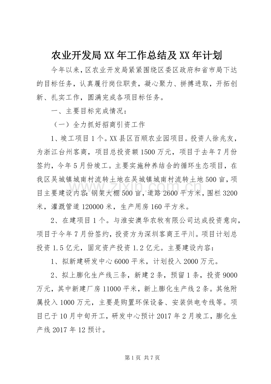 农业开发局XX年工作总结及XX年计划.docx_第1页