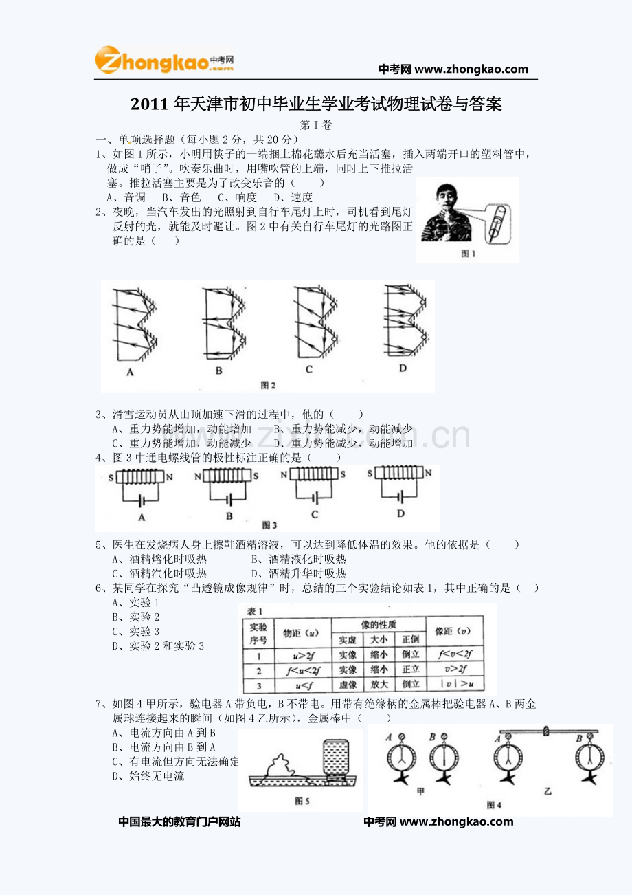 天津中考物2011年天津中考物理试题及答案.doc_第1页