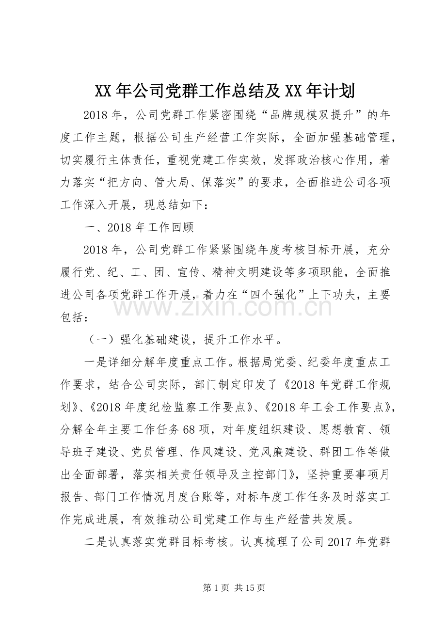 XX年公司党群工作总结及XX年计划.docx_第1页