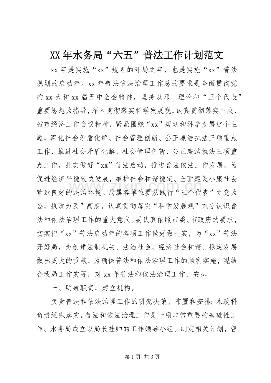 XX年水务局“六五”普法工作计划范文.docx_第1页