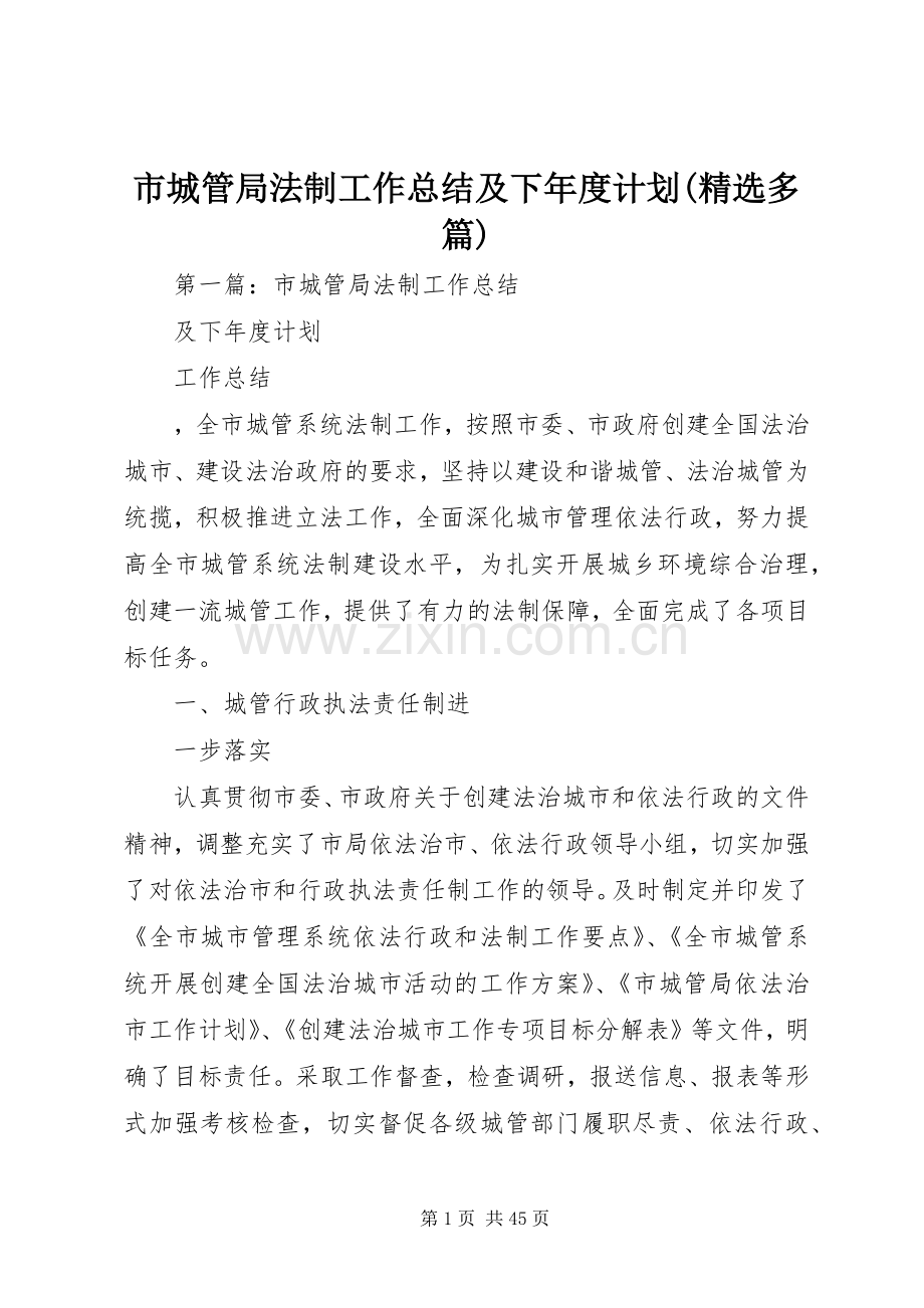 市城管局法制工作总结及下年度计划(多篇)_1.docx_第1页