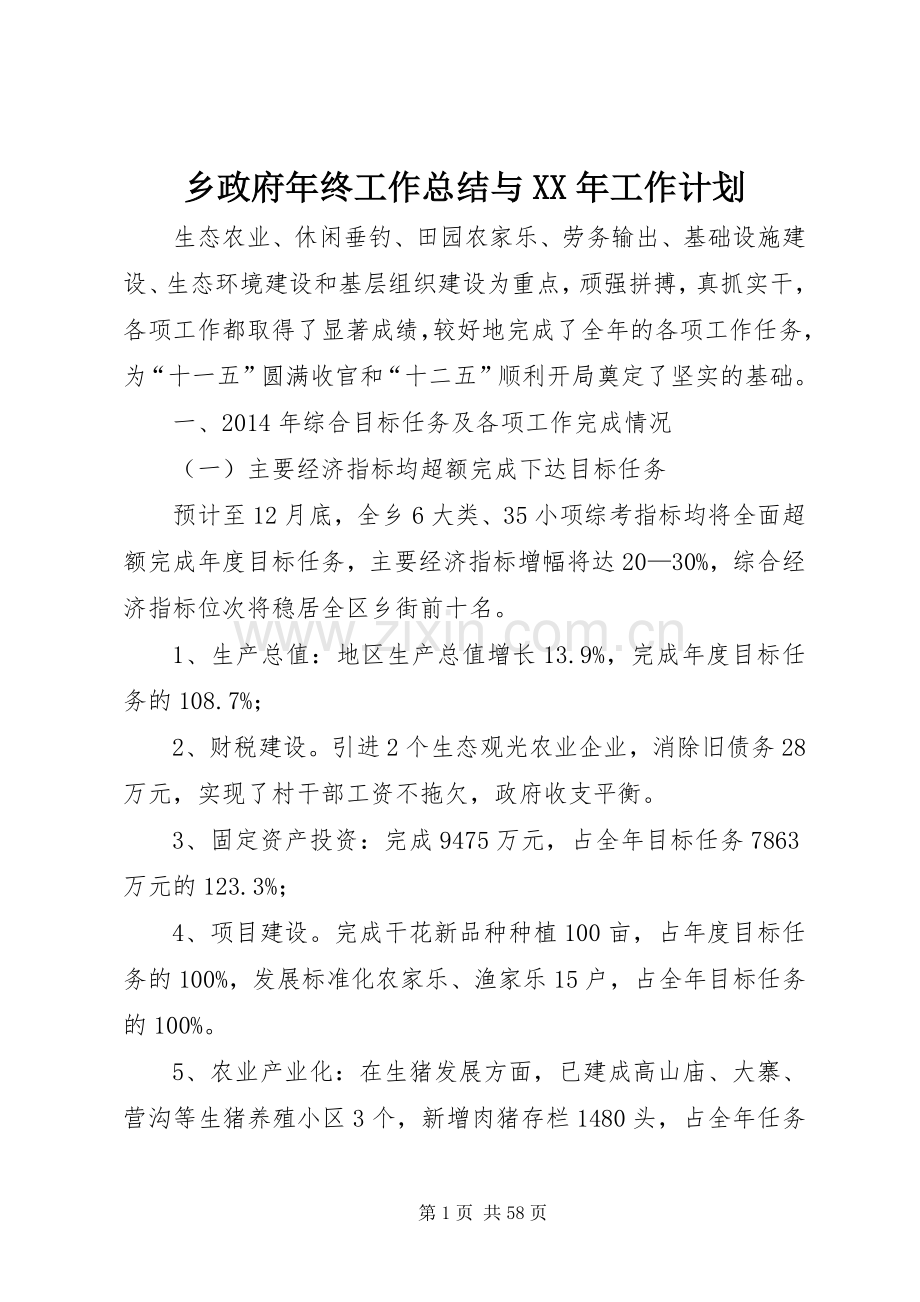 乡政府年终工作总结与XX年工作计划.docx_第1页