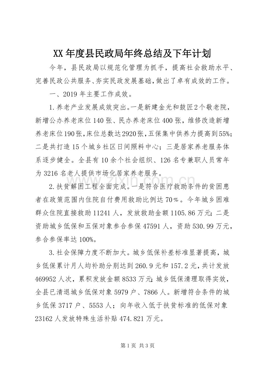 XX年度县民政局年终总结及下年计划.docx_第1页