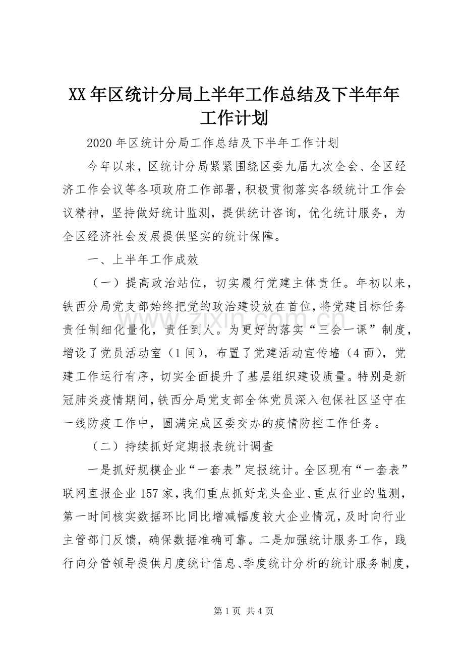 XX年区统计分局上半年工作总结及下半年年工作计划.docx_第1页