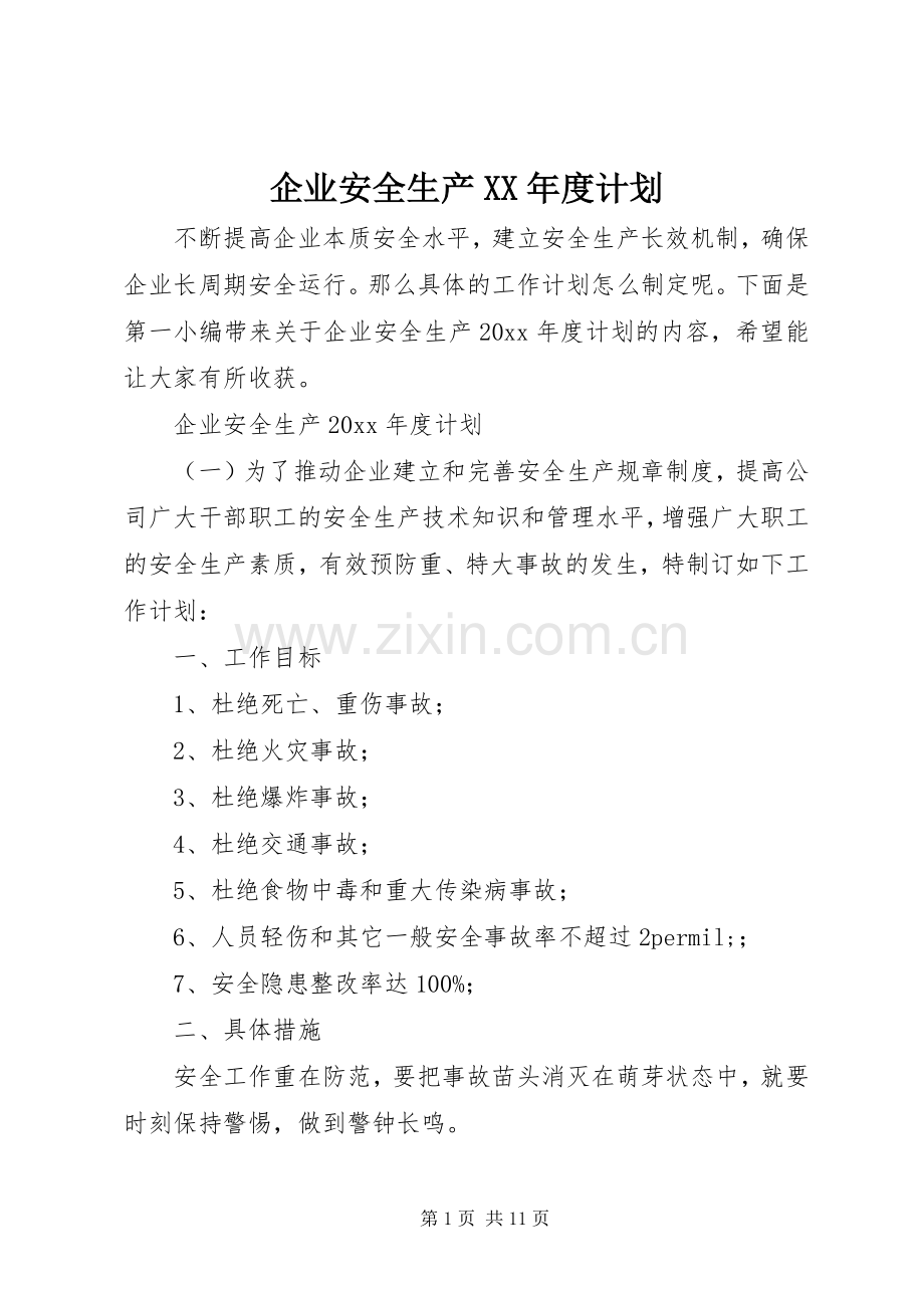 企业安全生产XX年度计划.docx_第1页