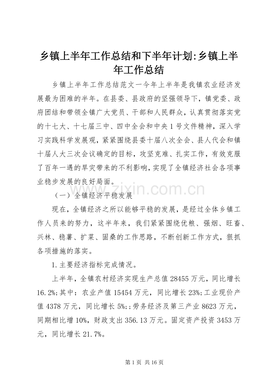 乡镇上半年工作总结和下半年计划-乡镇上半年工作总结.docx_第1页