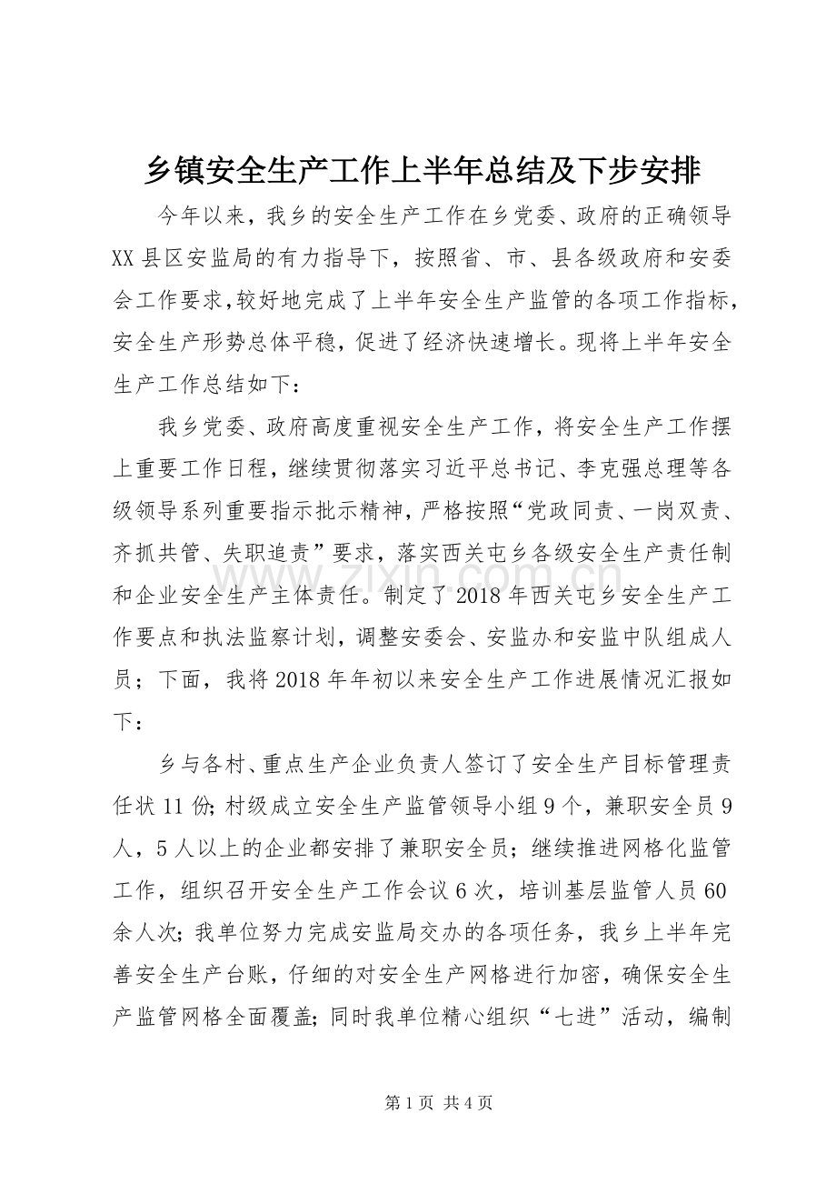 乡镇安全生产工作上半年总结及下步安排.docx_第1页