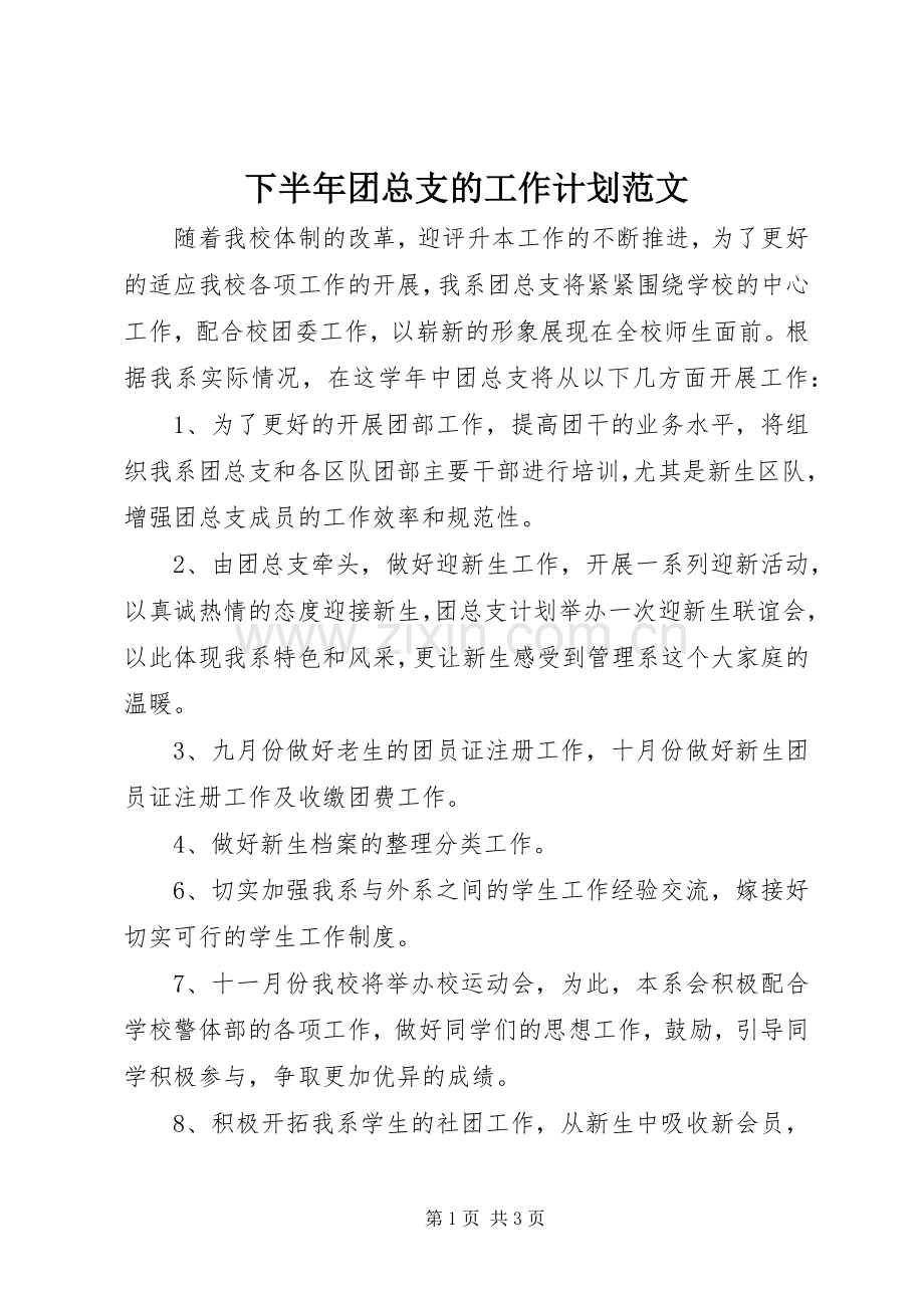 下半年团总支的工作计划范文.docx_第1页