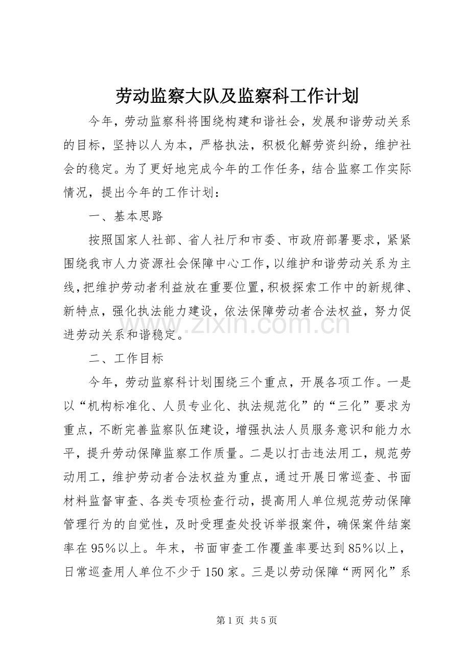 劳动监察大队及监察科工作计划.docx_第1页