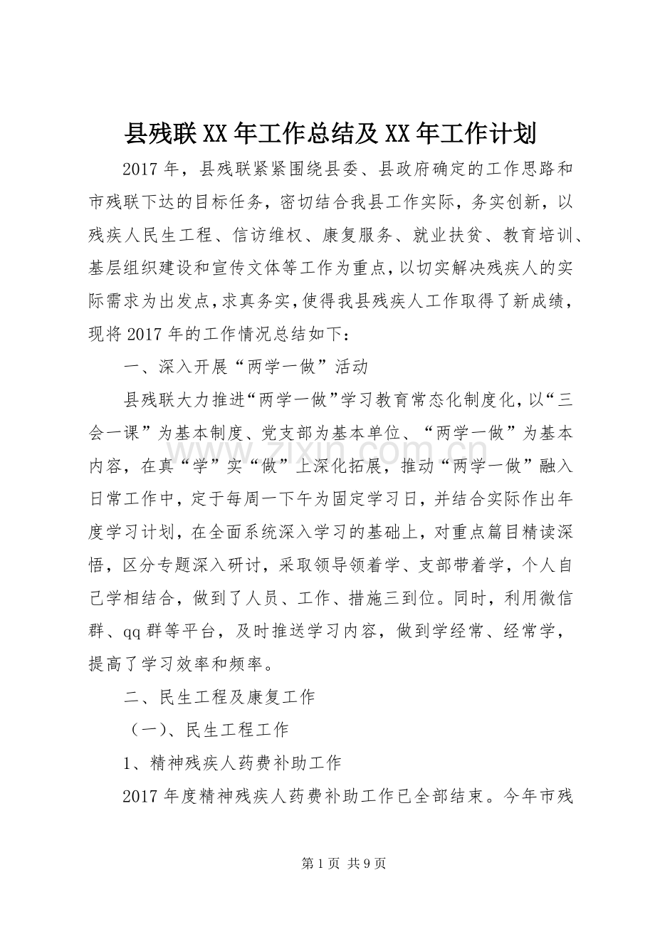 县残联XX年工作总结及XX年工作计划 .docx_第1页