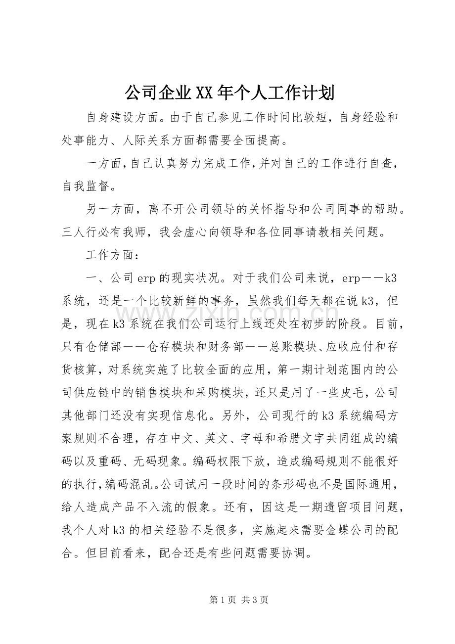 公司企业XX年个人工作计划.docx_第1页