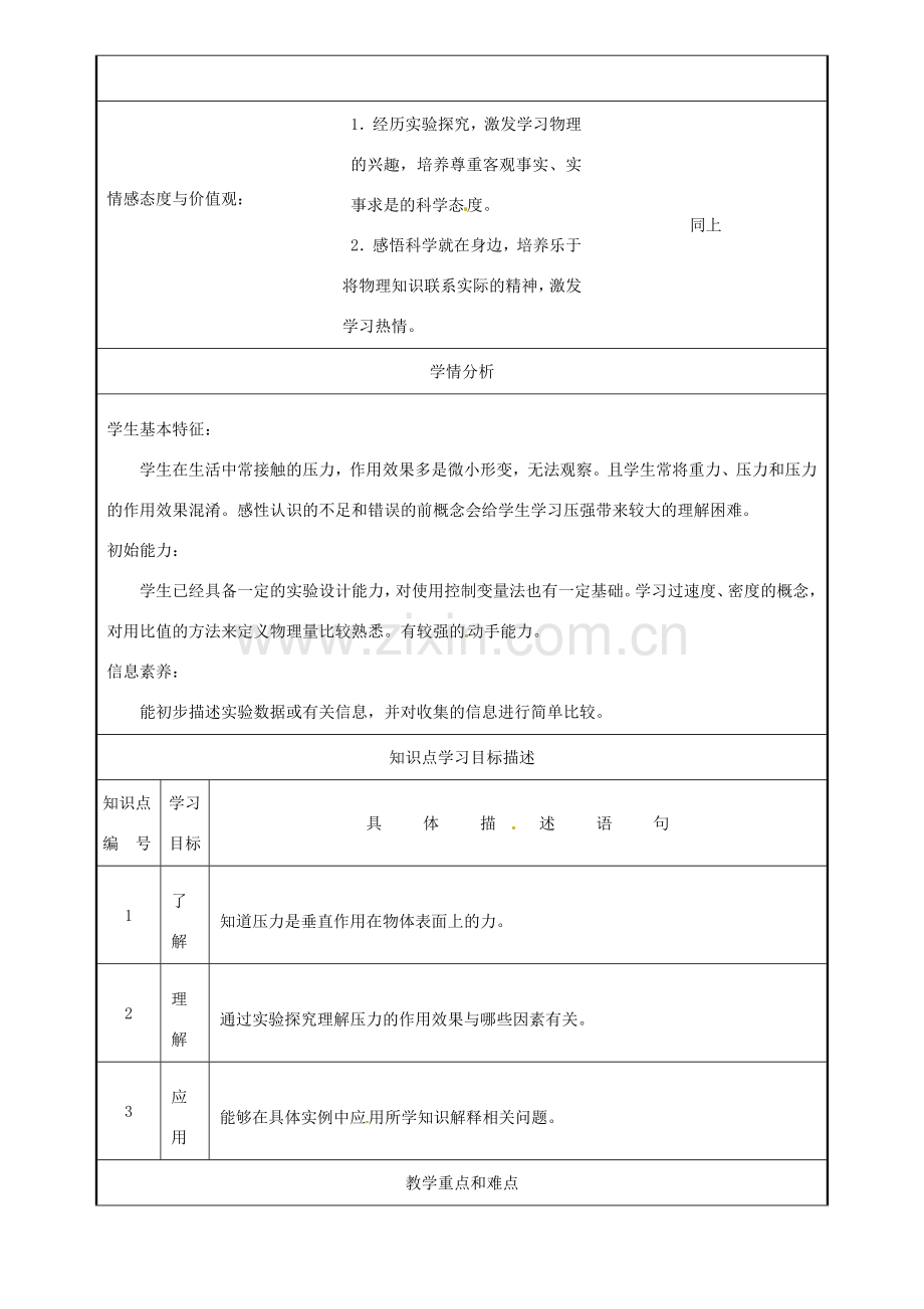 安徽省芜湖市芜湖县湾沚镇三元初级中学八年级物理全册《压强2》教学设计 沪科版.doc_第2页