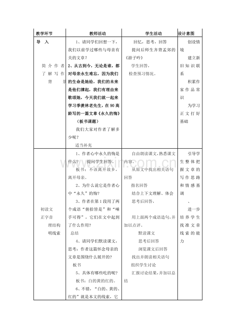 八年级语文下册 第一单元 第2课《永久的悔》教学设计 语文版-语文版初中八年级下册语文教案.doc_第3页