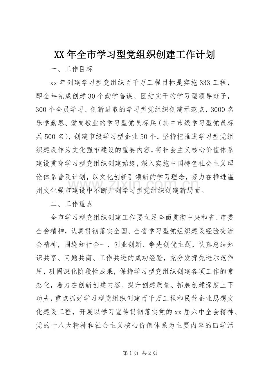 XX年全市学习型党组织创建工作计划.docx_第1页