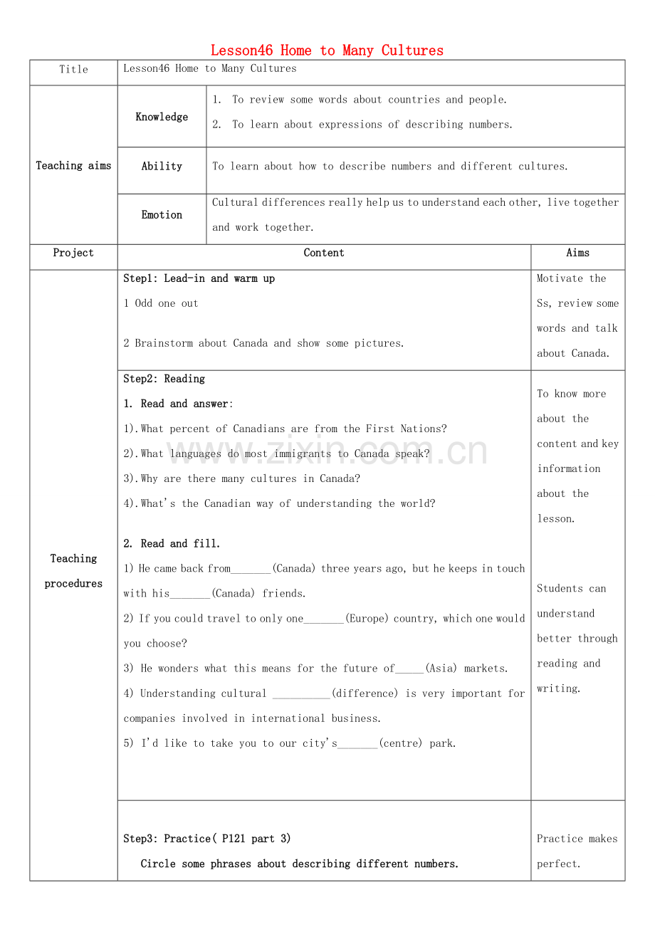 九年级英语下册 Unit 8 Lesson46 Home to Many Cultures教学设计 （新版）冀教版.doc_第1页