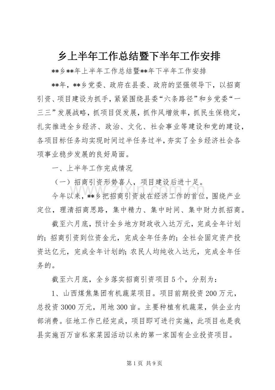 乡上半年工作总结暨下半年工作安排 .docx_第1页