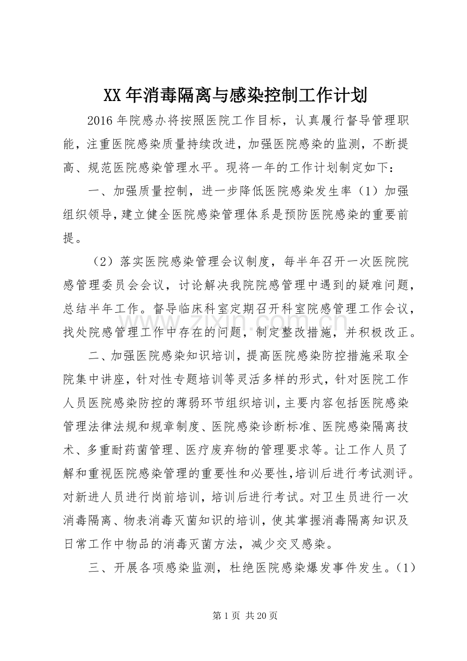 XX年消毒隔离与感染控制工作计划.docx_第1页