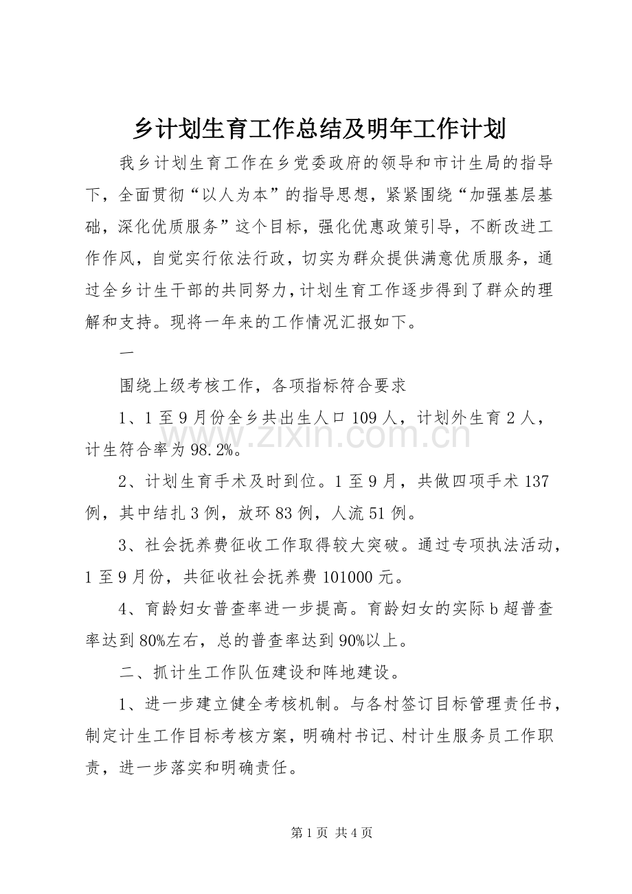 乡计划生育工作总结及明年工作计划 .docx_第1页