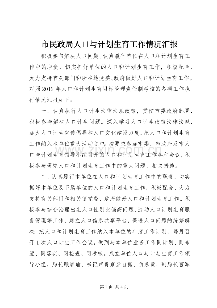 市民政局人口与计划生育工作情况汇报.docx_第1页