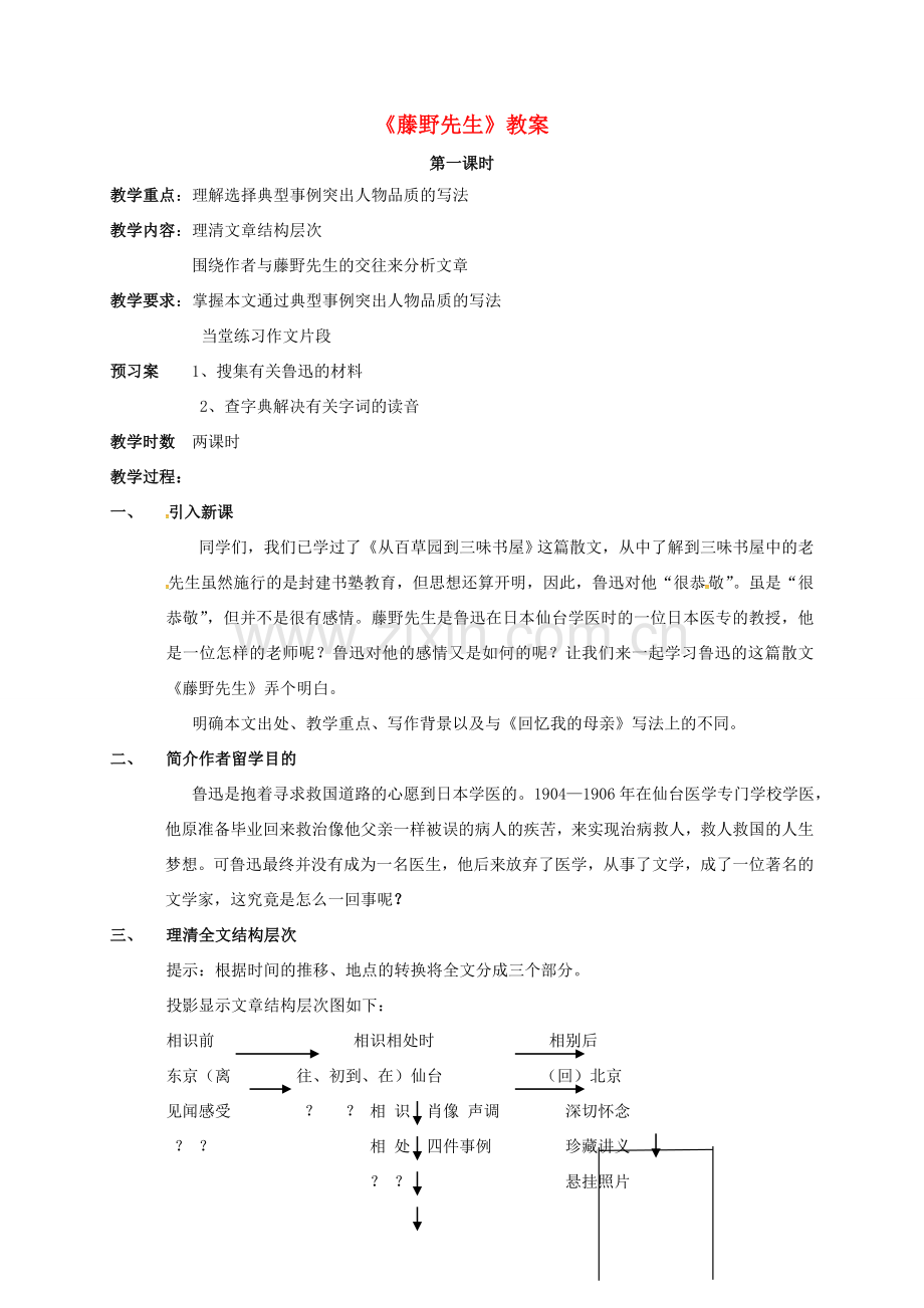 山东省青岛市八年级语文下册 第1课 藤野先生教案 新人教版-新人教版初中八年级下册语文教案.doc_第1页