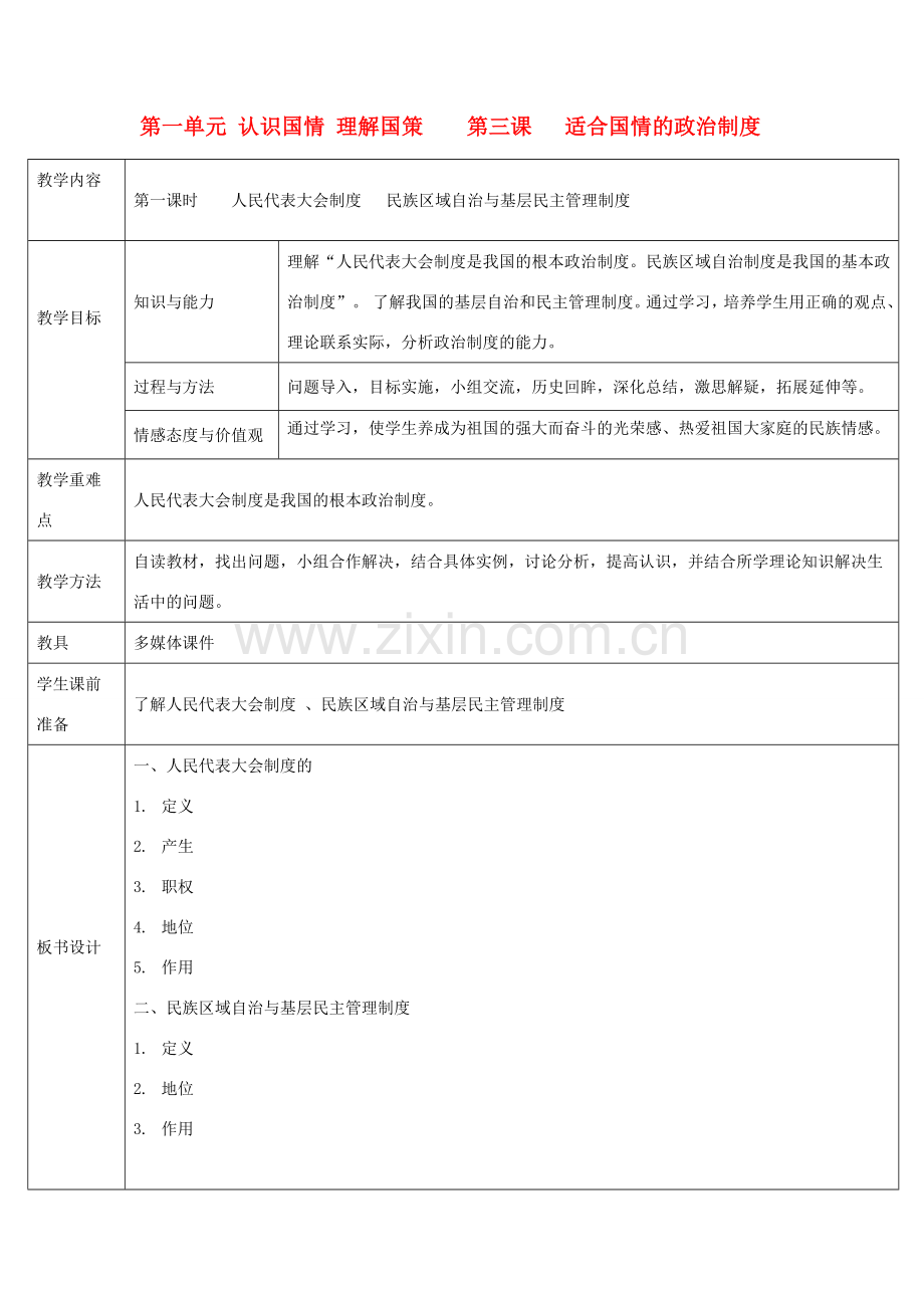 九年级政治 1.3富有活力的政治制度第一课时教案 粤教版.doc_第1页