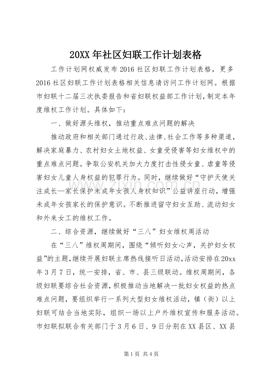 20XX年社区妇联工作计划表格.docx_第1页