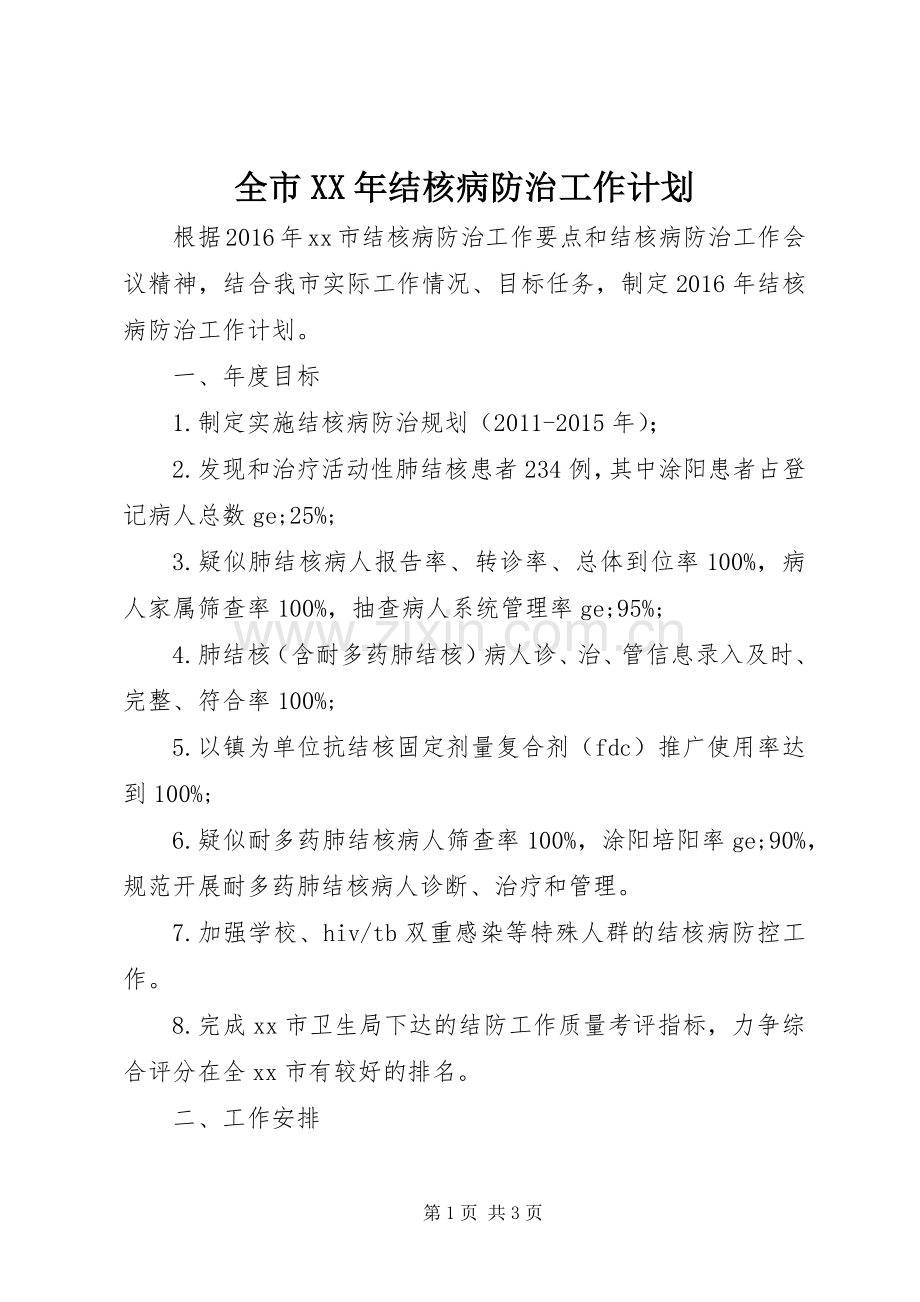 全市XX年结核病防治工作计划.docx_第1页