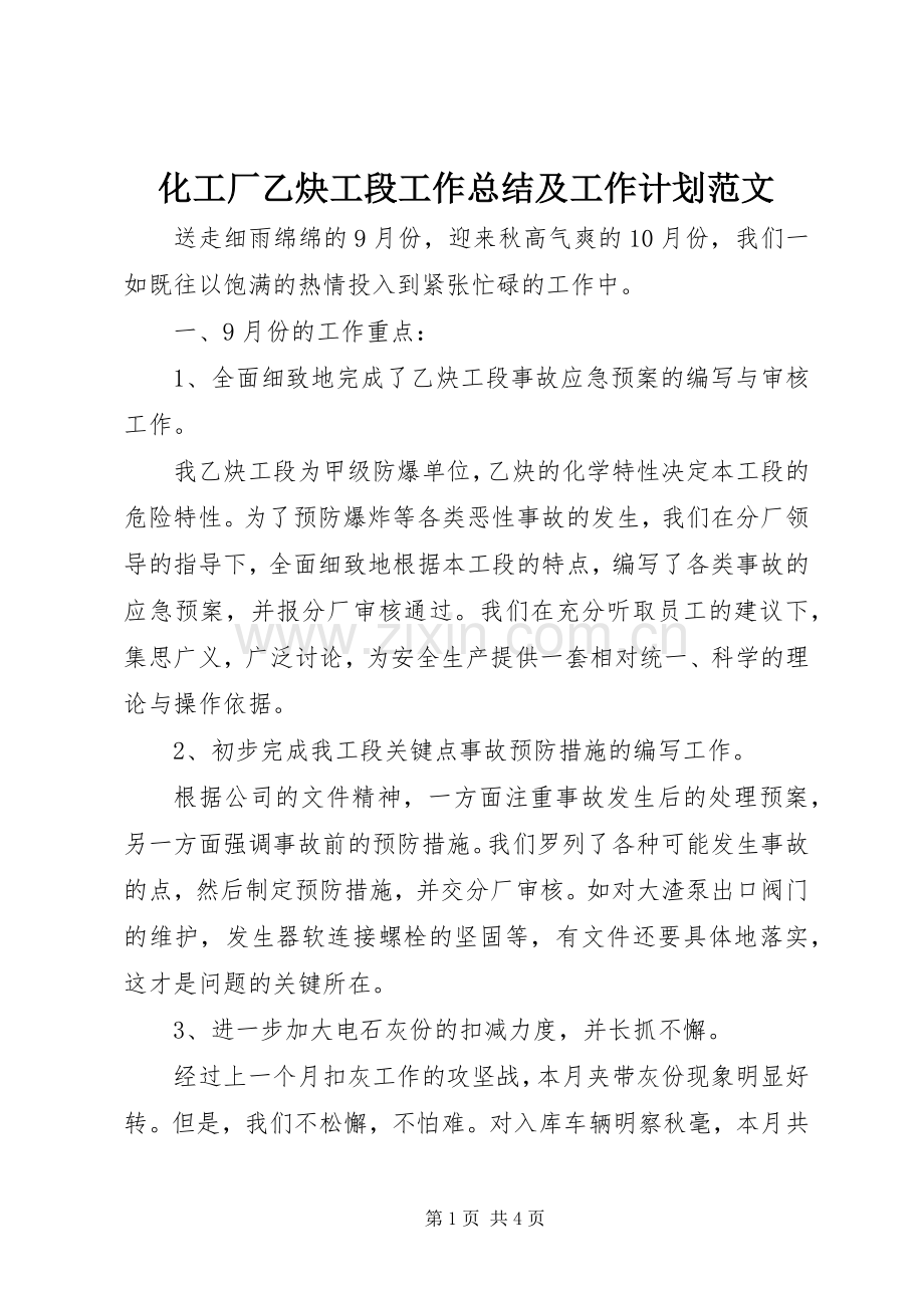 化工厂乙炔工段工作总结及工作计划范文.docx_第1页