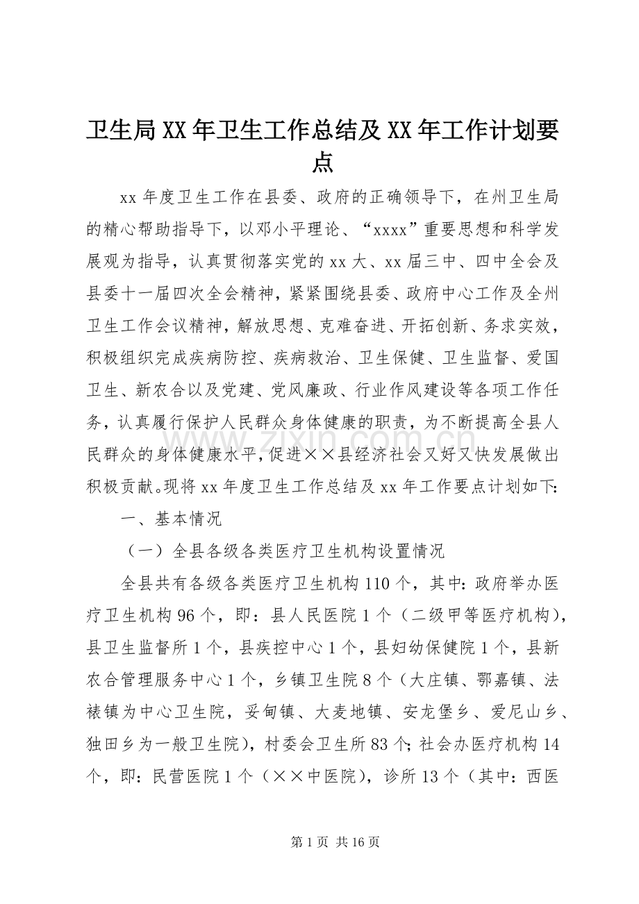 卫生局XX年卫生工作总结及XX年工作计划要点 .docx_第1页