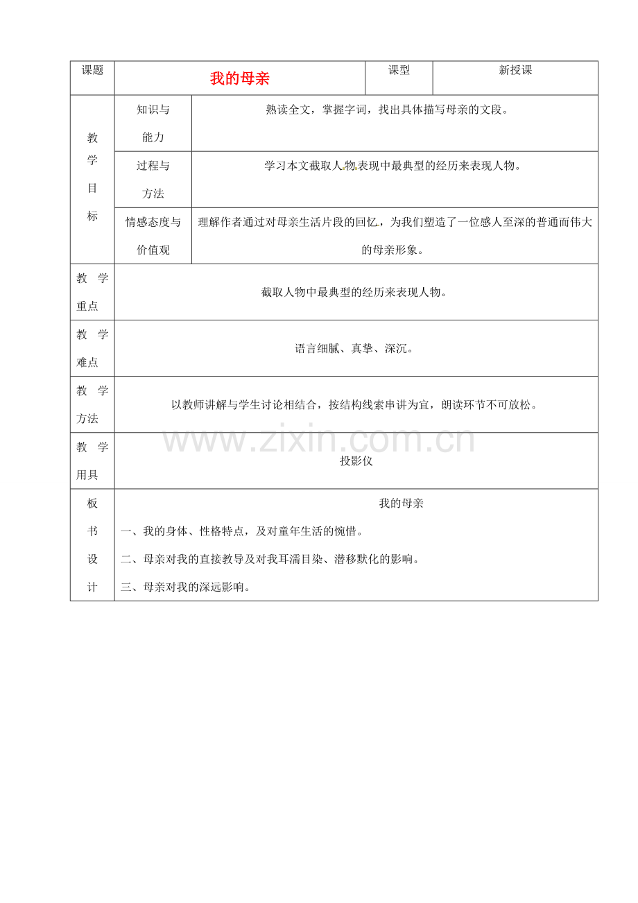 山东省烟台20中八年级语文下册 《我的母亲》教学设计.doc_第1页