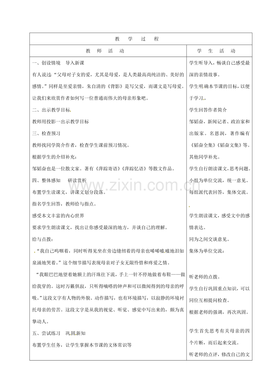 山东省烟台20中八年级语文下册 《我的母亲》教学设计.doc_第2页