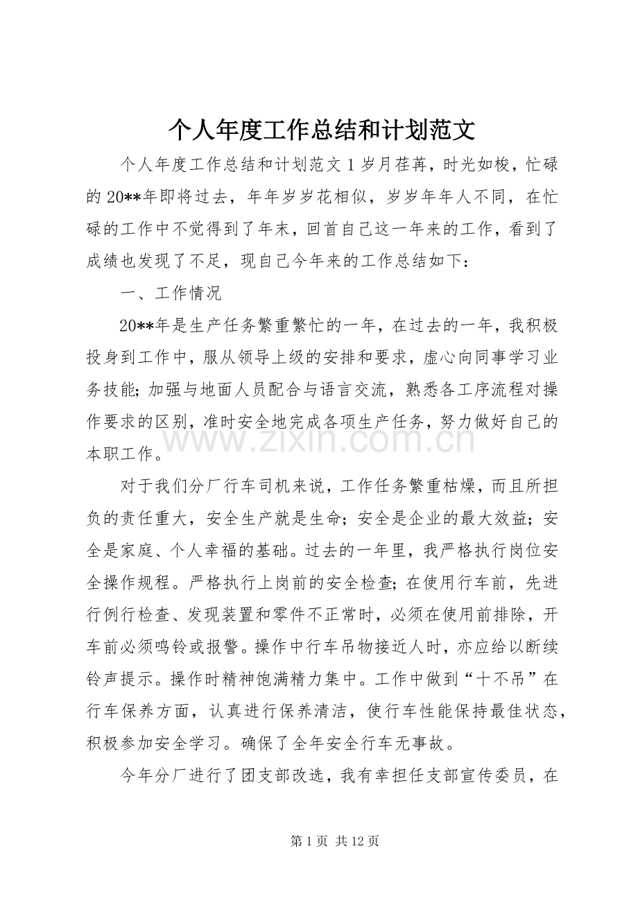 个人年度工作总结和计划范文.docx_第1页