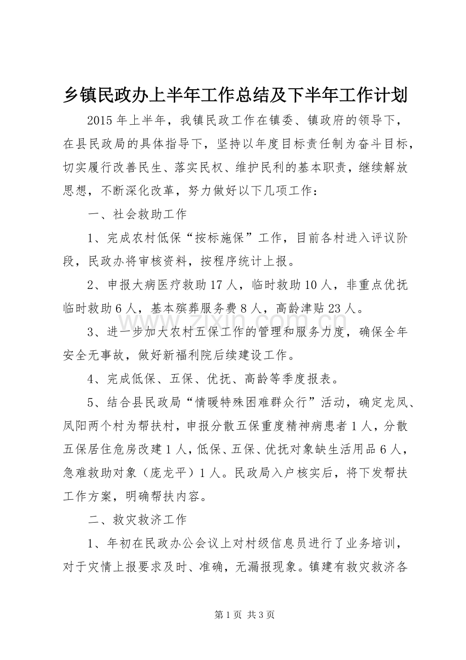 乡镇民政办上半年工作总结及下半年工作计划.docx_第1页