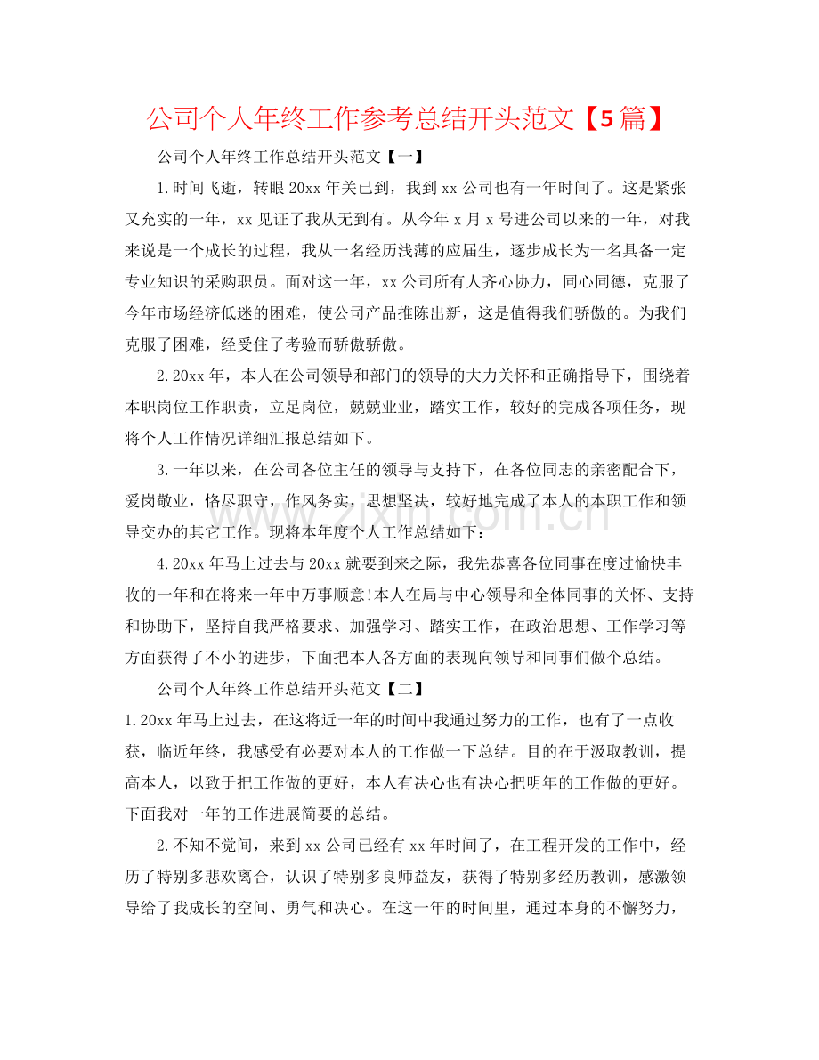 公司个人年终工作参考总结开头范文【5篇】.docx_第1页