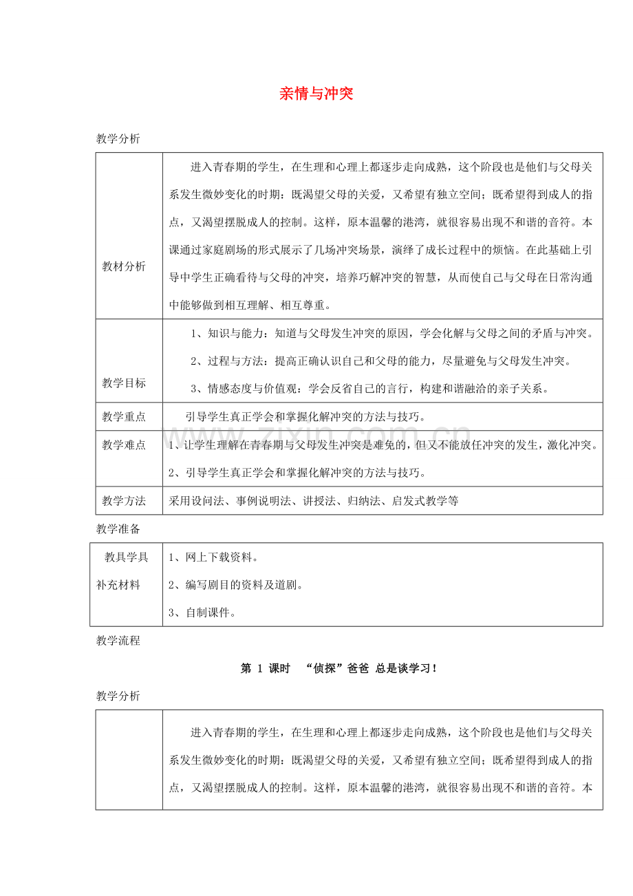 八年级道德与法治上册 第一单元 成长的空间 第二课 亲情与冲突 第1框“侦探”爸爸 总是谈学习教学设计 人民版-人民版初中八年级上册政治教案.doc_第1页