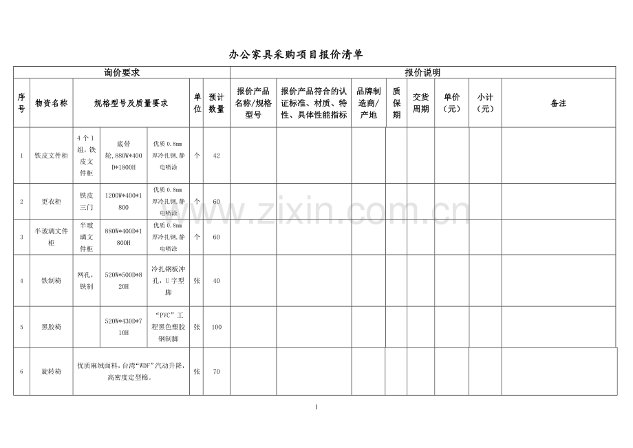 办公家具采购项目报价清单.doc_第1页