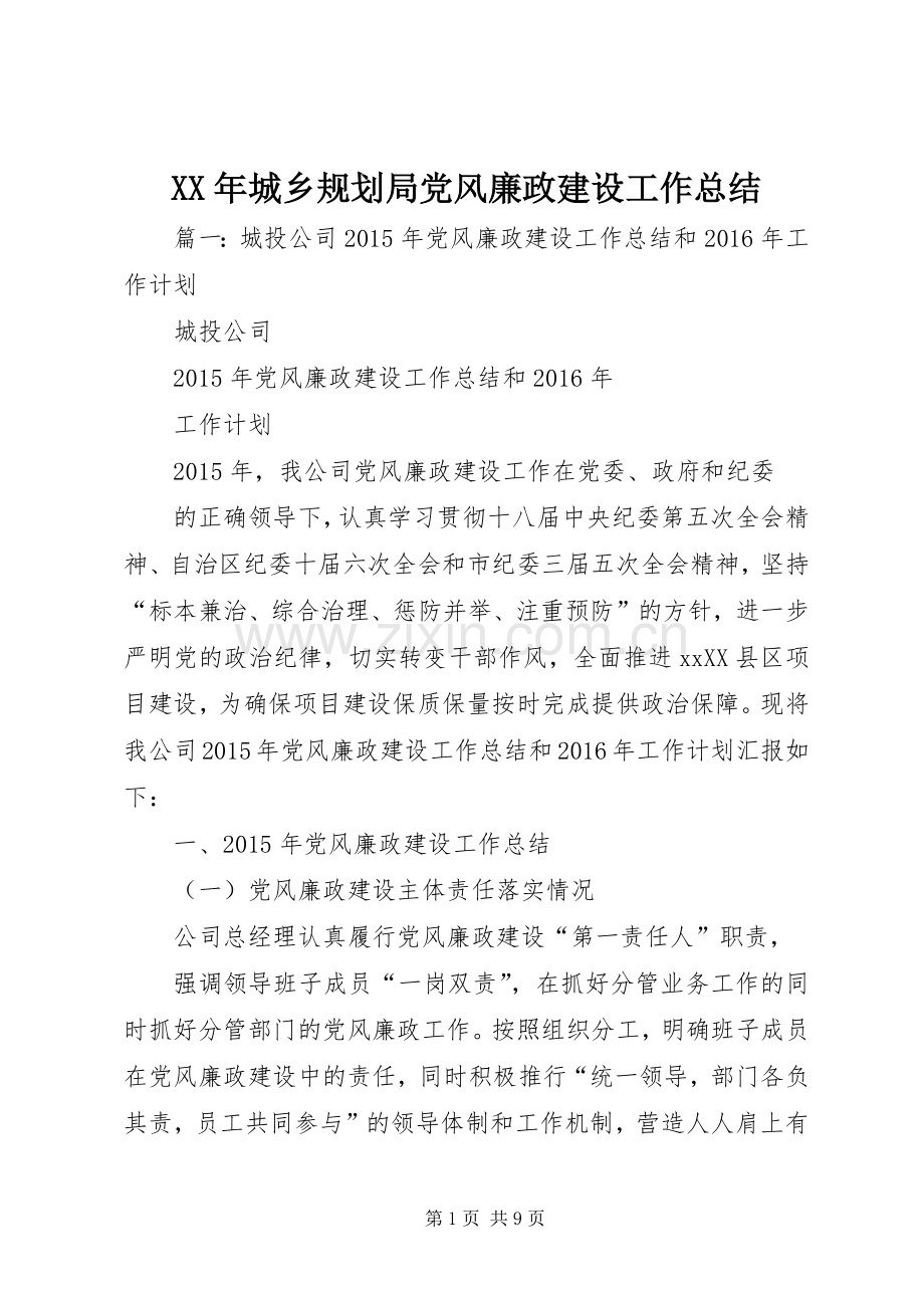 XX年城乡规划局党风廉政建设工作总结.docx_第1页