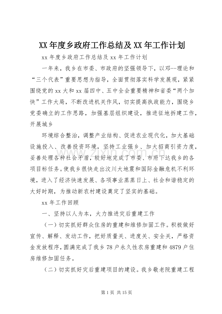 XX年度乡政府工作总结及XX年工作计划.docx_第1页